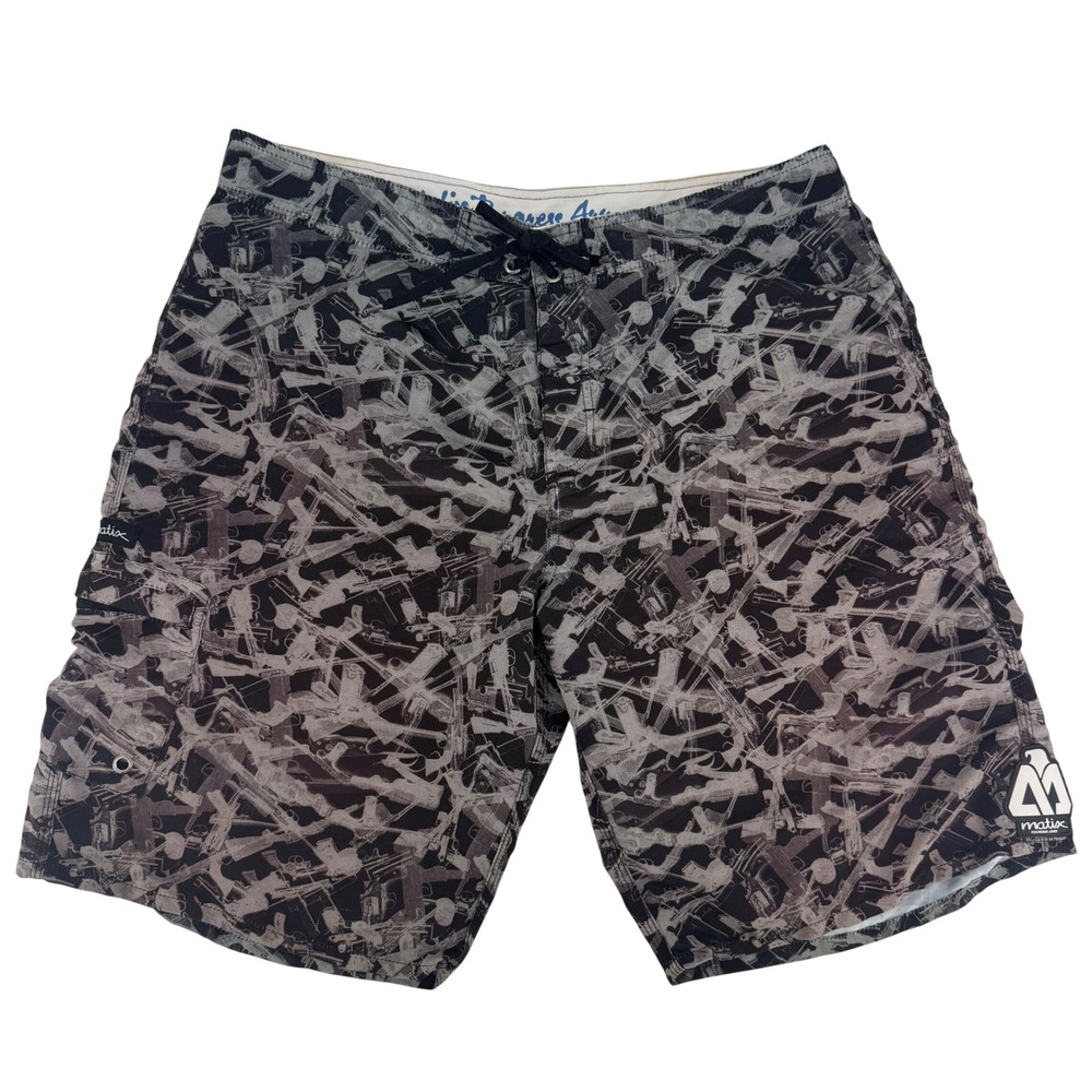 Matix Progress Army Mens Black White Gun Print Board Shorts Size 38 Swim‎ Trunks